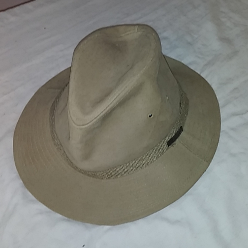 Eddie Bauer tan fedora hat with leather signa band